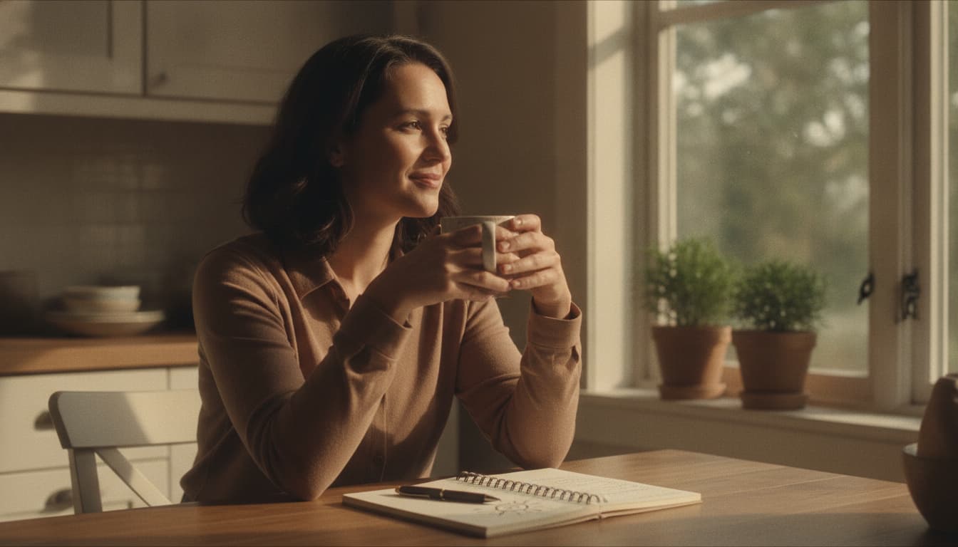 A homeowner considering their options at a sunlit kitchen table