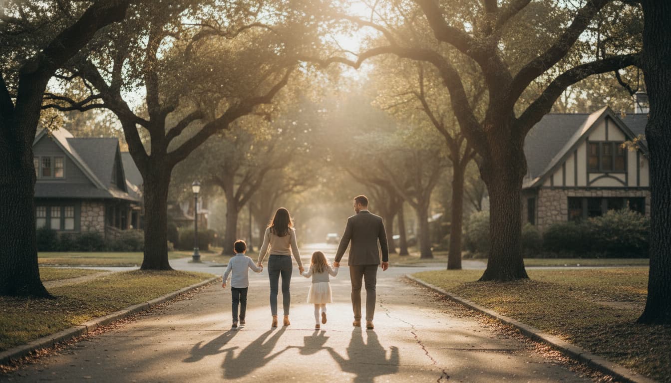 A family walking home on a tree-lined Sacramento street at golden hour