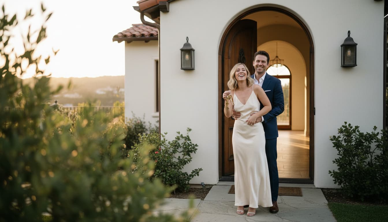 New homeowners with keys to their home at golden hour